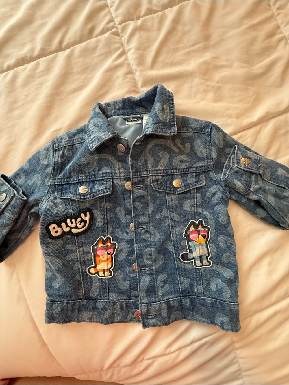 Kids Blue Denim Jacket with Bluey Cartoon Patches